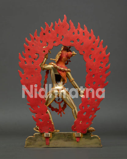 Back View of Copper Vajrayogini Statue with Blazing Flame Halo and Lotus Pedestal,  Handcrafted in Nepal