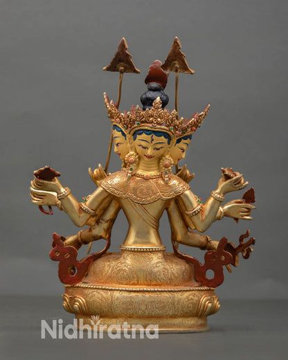 Back view of Dhoja Devi statue showcasing detailed copper craftsmanship with gold gilded finish intricate sacred Buddhist art detailing