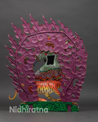 Back view of Dorje Drolo statue with halo and lotus base, Himalayan ritual art