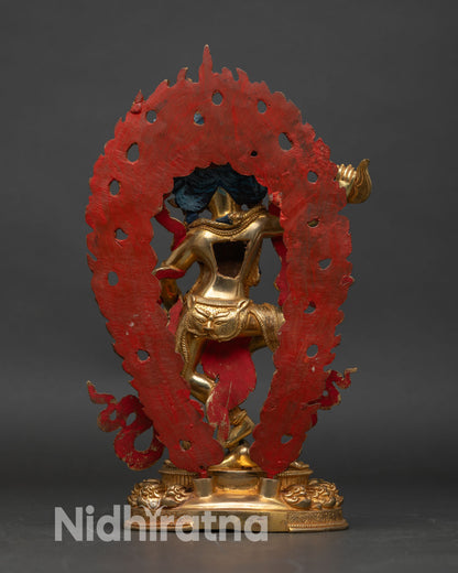 back view of Dorje Phagmo statue blazing halo hand-painted details copper gold finished Tibetan Buddhist protector deity