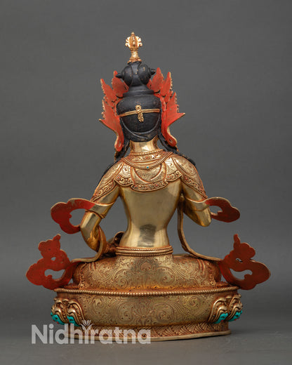 Back view of Dorje Sempa statue with engraved lotus throne and ornate design