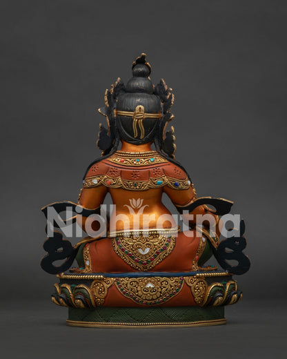 Back view of Dzambhala Statue showing hand-carved lotus pedestal base
