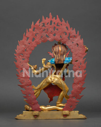 Back view of Ekajati statue, revealing detailed flame halo carvings and handcrafted Nepalese Buddhist artwork