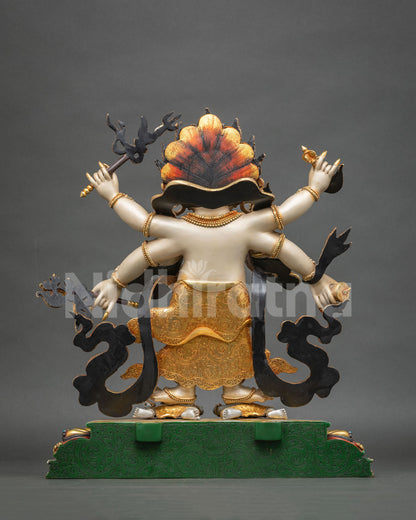 Back view of flame aureole encircling the White Mahakala protector statue, handcrafted in solid copper
