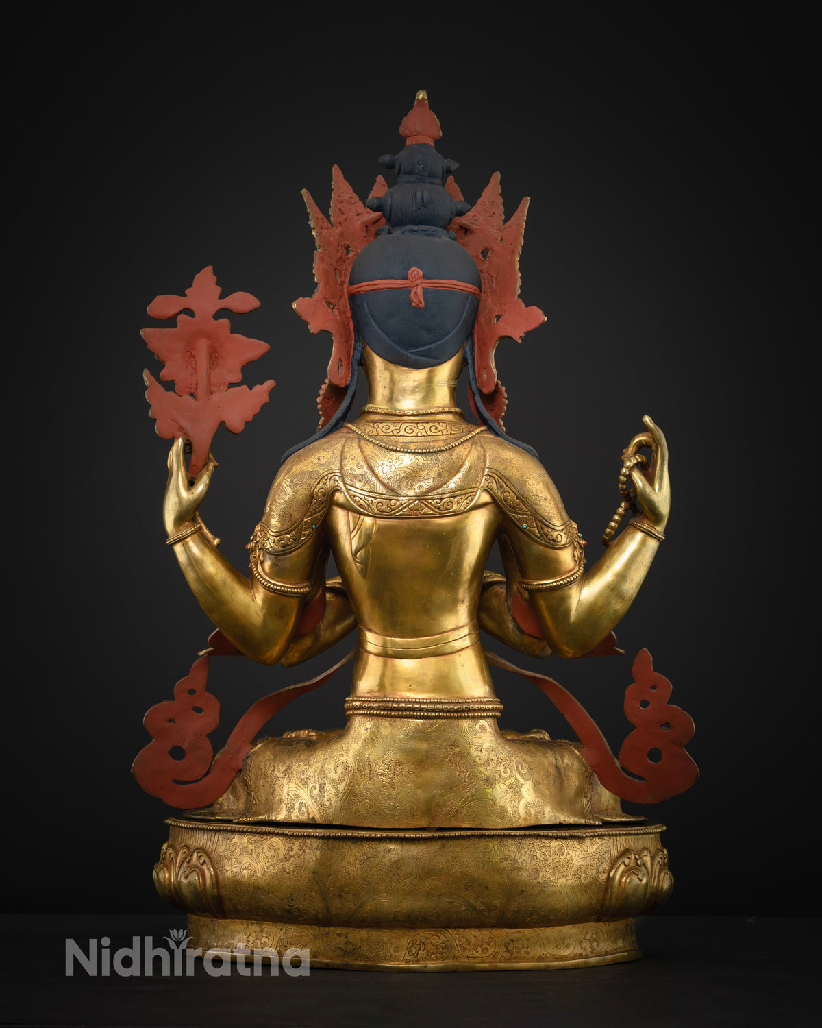 Back view of Four-Armed Chenrezig statue, gold-gilded copper Nepal sculpture