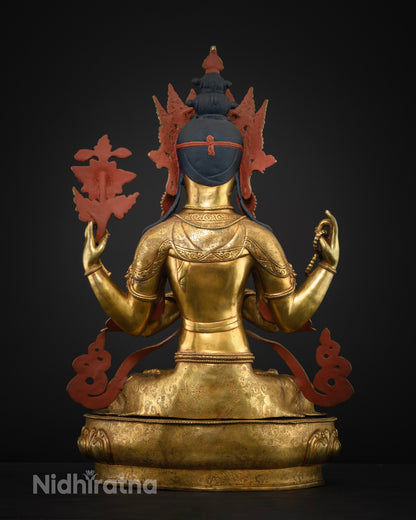 Back view of Four-Armed Chenrezig statue, gold-gilded copper Nepal sculpture