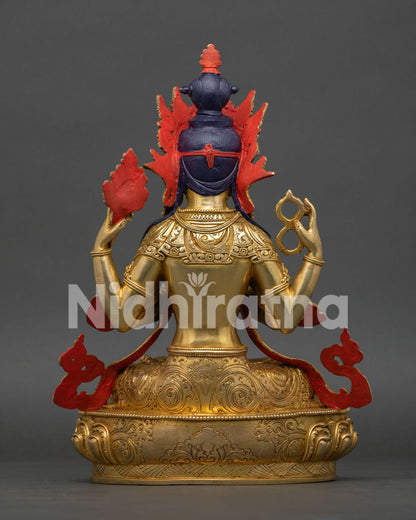 Back View of Four-Armed Chenrezig Statue Showing Detailed Robes and Traditional Lost-Wax Artistry