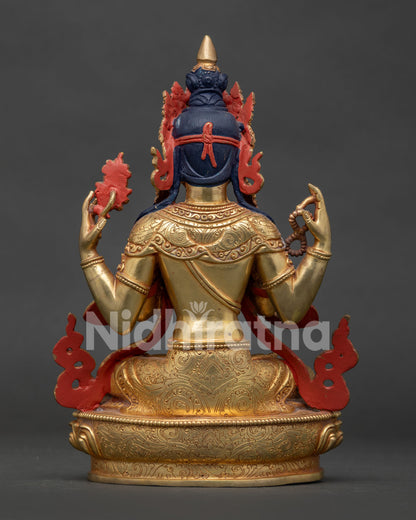 Back View of Four Armed Chenrezig Statue with Intricate Floral Engravings