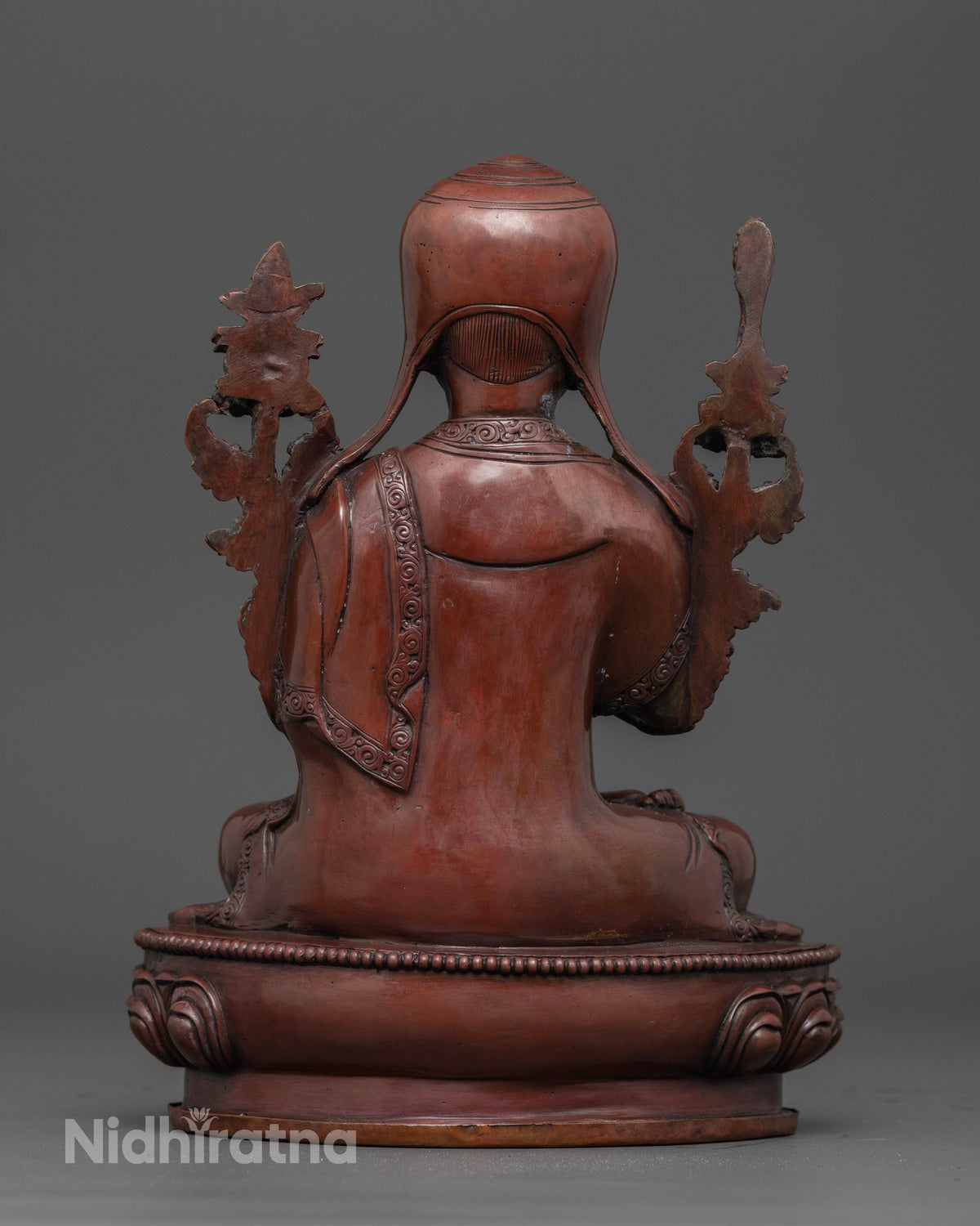 Back view of Oxidized Tsongkhapa statue fully oxidized finish showcasing fine hand-carved artistry