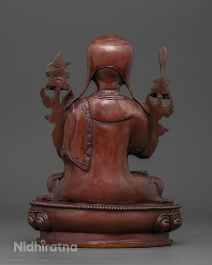 Back view of Oxidized Tsongkhapa statue fully oxidized finish showcasing fine hand-carved artistry