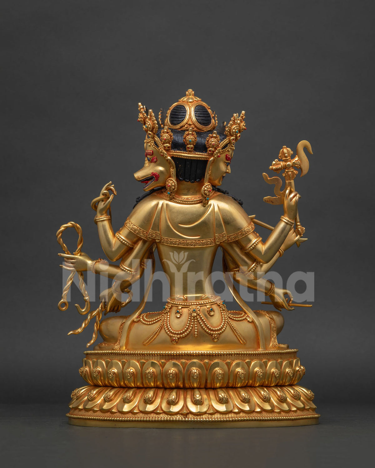 Back view of gold fire-gilded Marichi statue Hong Kong, Goddess of Dawn, Nepalese Buddhist sculpture