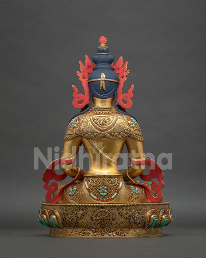 back view of gold gilded amitayus statue handcrafted nepali long life buddha