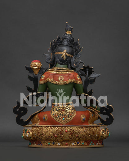 Back view of gold gilded copper Green Tara statue showing detailed craftsmanship.