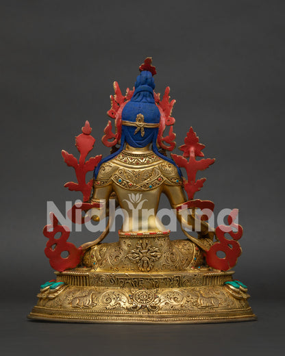 Back View of Green Tara Copper Statue Featuring Detailed Hand-Chased Designs and Traditional Himalayan Craftsmanship