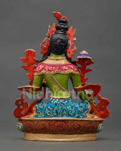 back view of green tara maa statue with hand-painted details and lotus throne