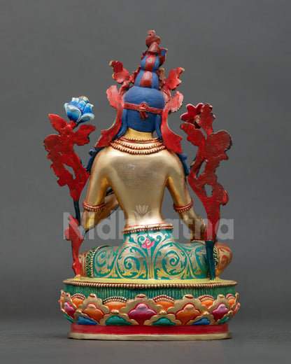 back view of green tara statue, detailed lotus base and traditional nepalese artisan metalwork