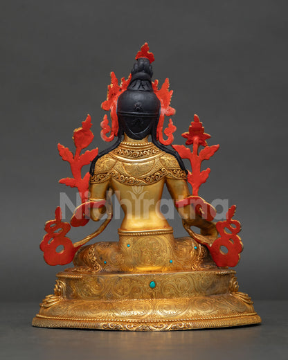 Back view of Green Tara statue featuring detailed craftsmanship and decorative engravings