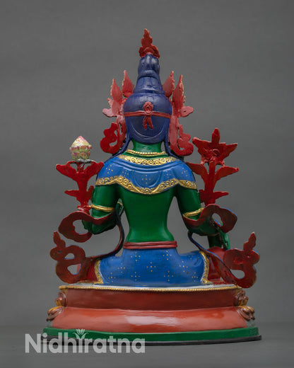 Back view of Green Tara statue highlighting detailed Himalayan craftsmanship hand painted finishing and ornate copper work.
