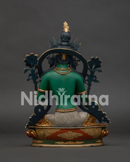 Back view of Green Tara Statue — mantra-engraved lotus base and gold-gilded copper