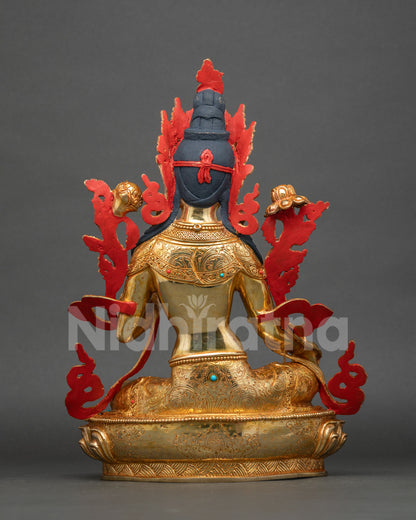 Back view of Green Tara Statue showcasing intricate Newari craftsmanship