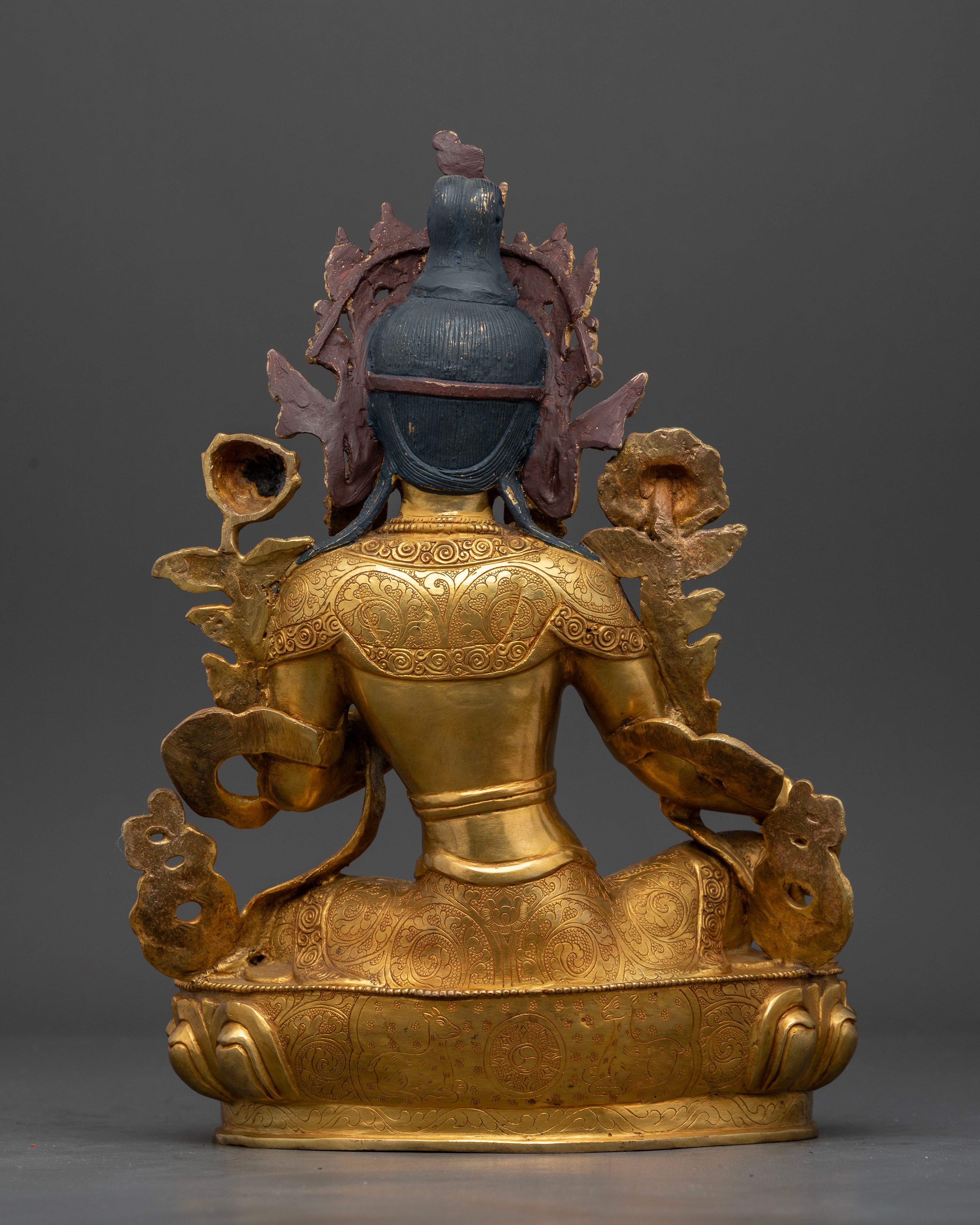 Back view of Green Tara Statue showing detailed copper craftsmanship and ornate design