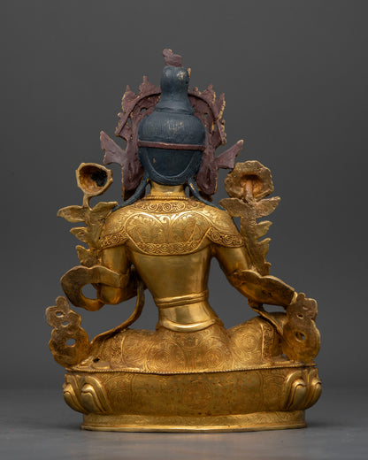 Back view of Green Tara Statue showing detailed copper craftsmanship and ornate design