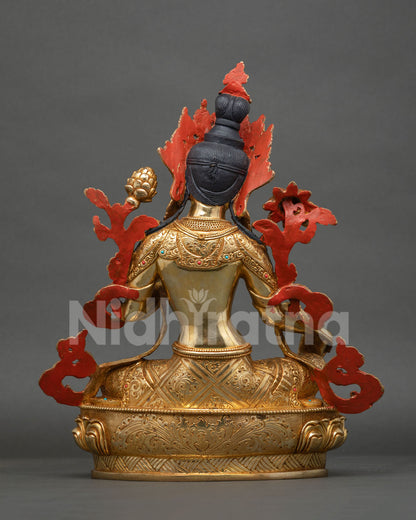 Back view of Green Tara statue showing hand-carved details and gold gilding, Nepal copper sculpture
