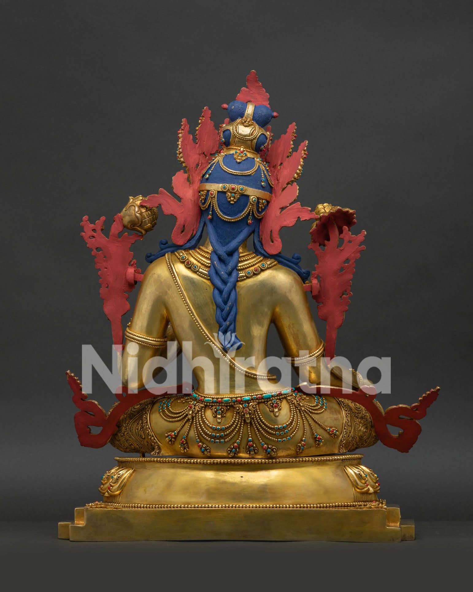 Back View of Green Tara Statue Showing Hand Chased Ornaments and Braided Hair Detail