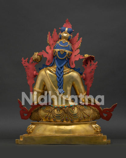 Back View of Green Tara Statue Showing Hand Chased Ornaments and Braided Hair Detail