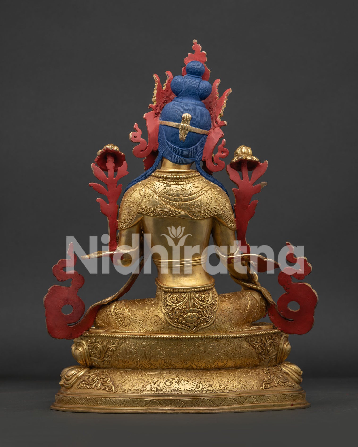 Back view of Green Tara Statue showing handcrafted copper sculpture details