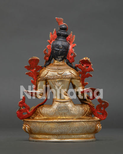 Back view of Green Tara statue showing intricate carvings and traditional Newari craftsmanship details
