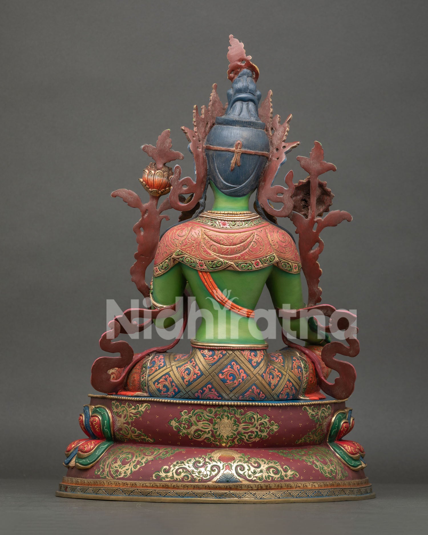 Back View of Green Tara Statue Showing Intricate Copper Craftsmanship and Finish