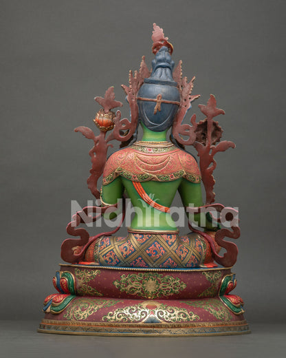 Back View of Green Tara Statue Showing Intricate Copper Craftsmanship and Finish