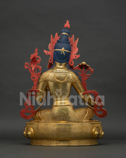 Back view of Green Tara Statue showing intricate crown and lotus pedestal detail