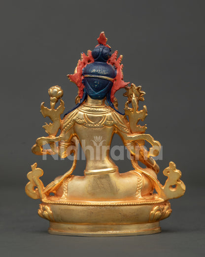 Back view of Green Tara statue showing intricate Newari craftsmanship and refined gold gilded details.