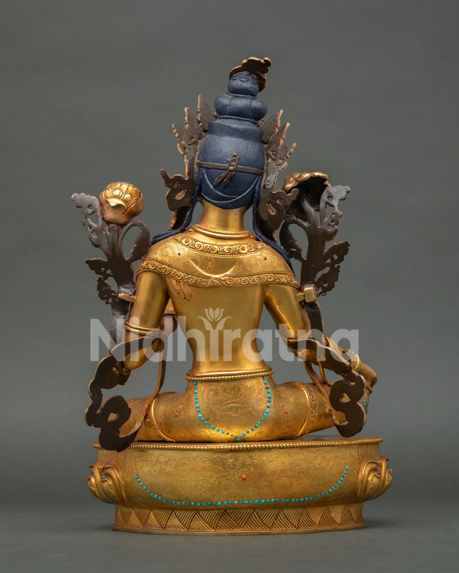 Back view of Green Tara Statue showing intricate robe and throne detailing