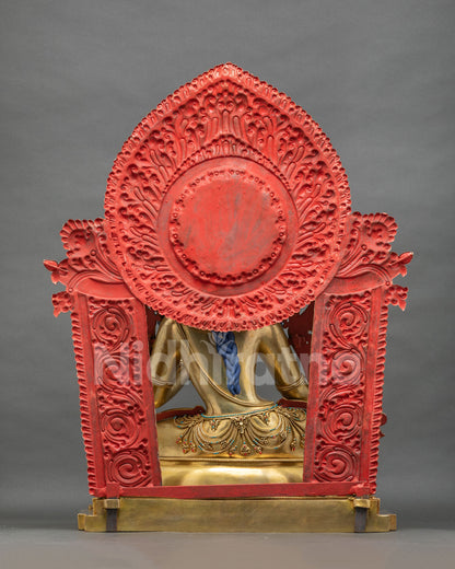 Back view of Green Tara statue throne and halo with hand-chased patterns, Nepalese Buddhist art