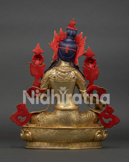 Back view of Green Tara Statue with detailed copper carving and gold fire-gilding