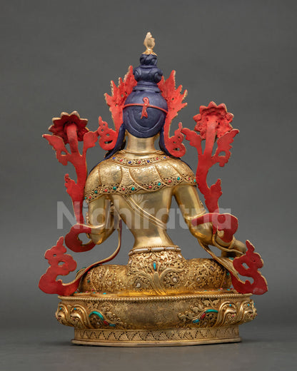 Back view of Green Tara Statue with intricate hand-carved Nepalese details