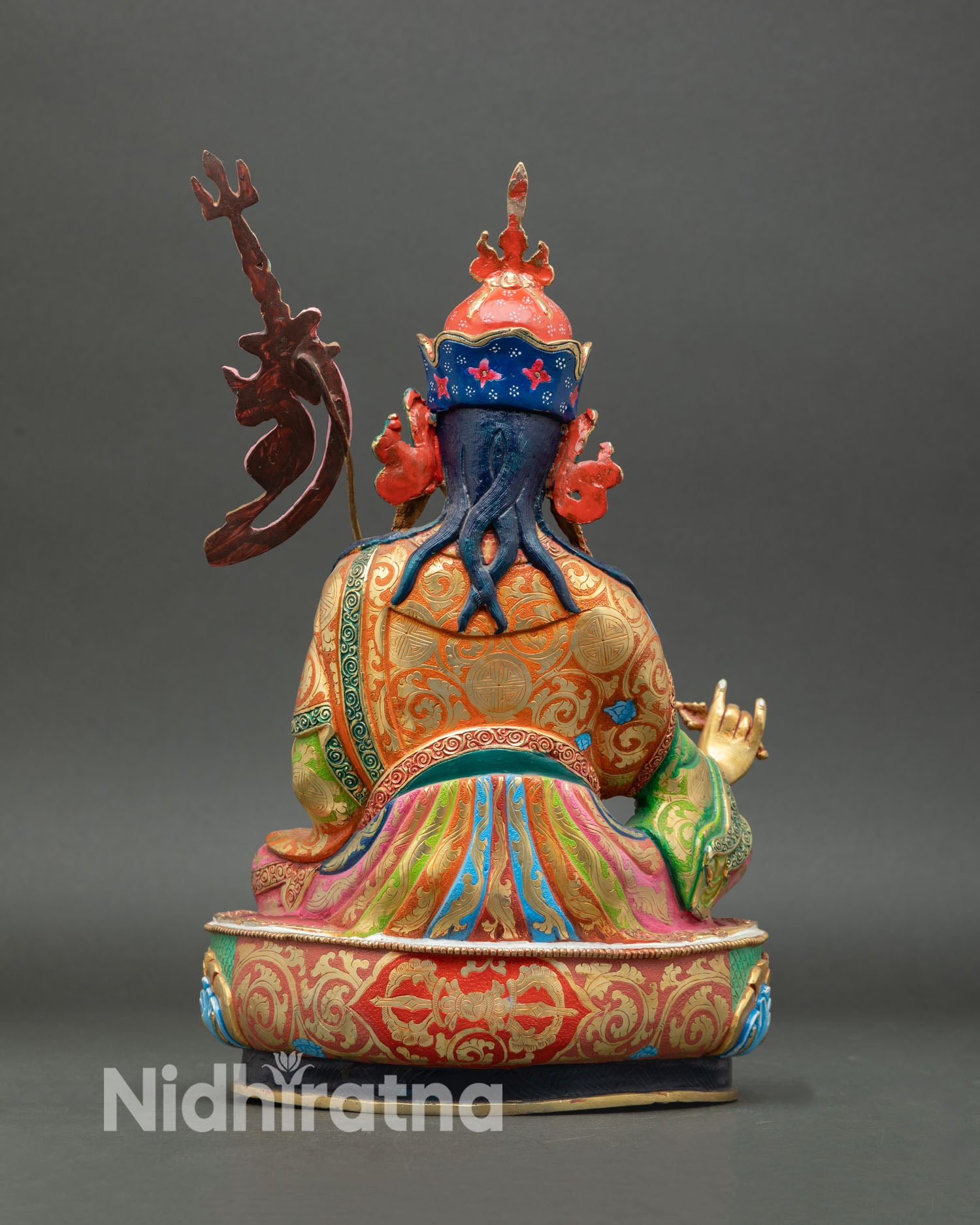 Back view of Guru Rinpoche statue altar centerpiece Nepalese artisan craftsmanship copper sculpture for shrine and meditation space