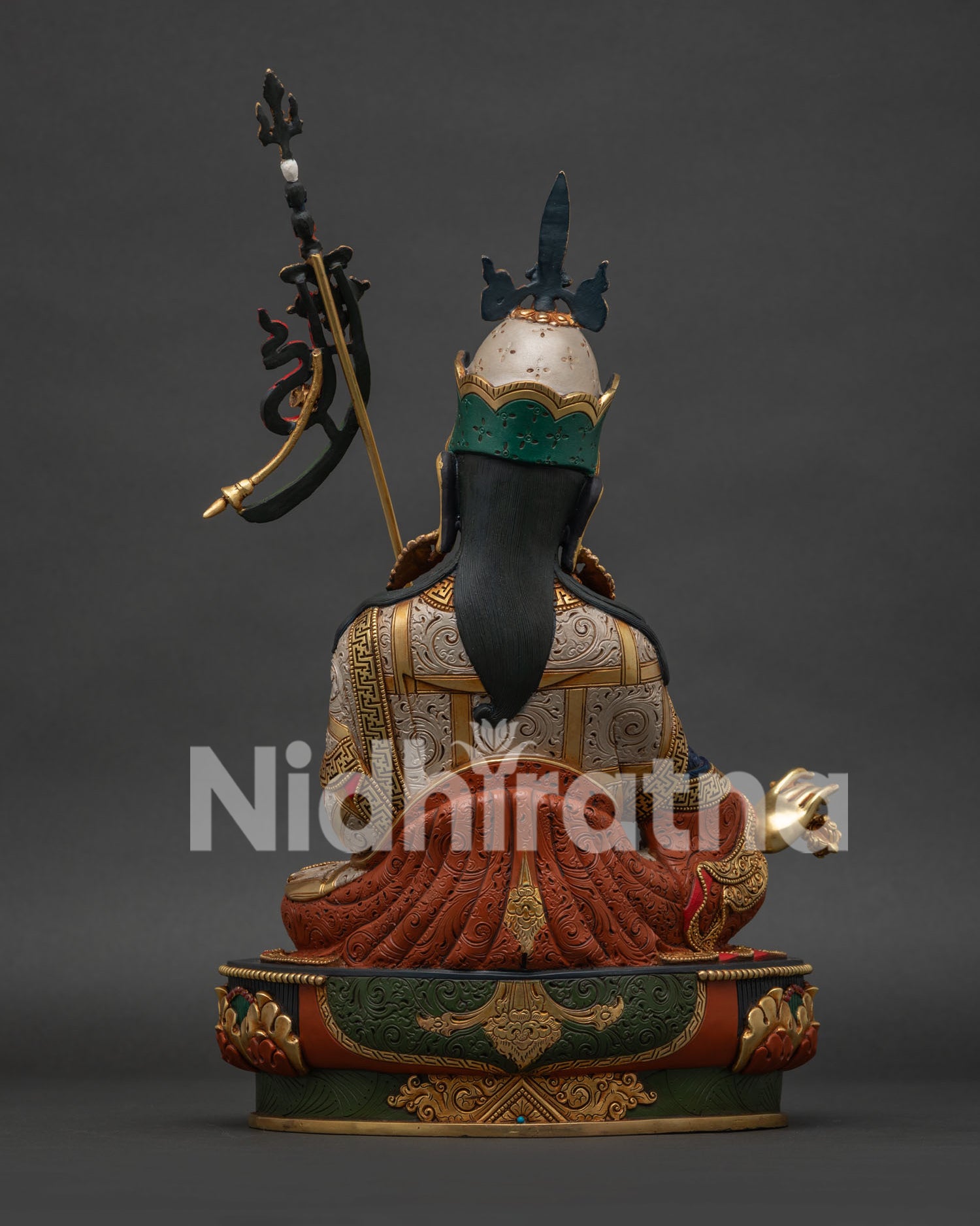 Back view of Guru Rinpoche Statue showcasing ornate robes and traditional Nepalese craftsmanship