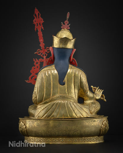Back view of Guru Rinpoche statue showing engraved robe, lotus pedestal and Newari craftsmanship