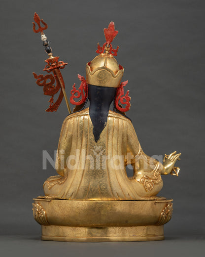 Back View of Guru Rinpoche Statue Showing Hand-Chased Robes, Newari Metalwork Legacy