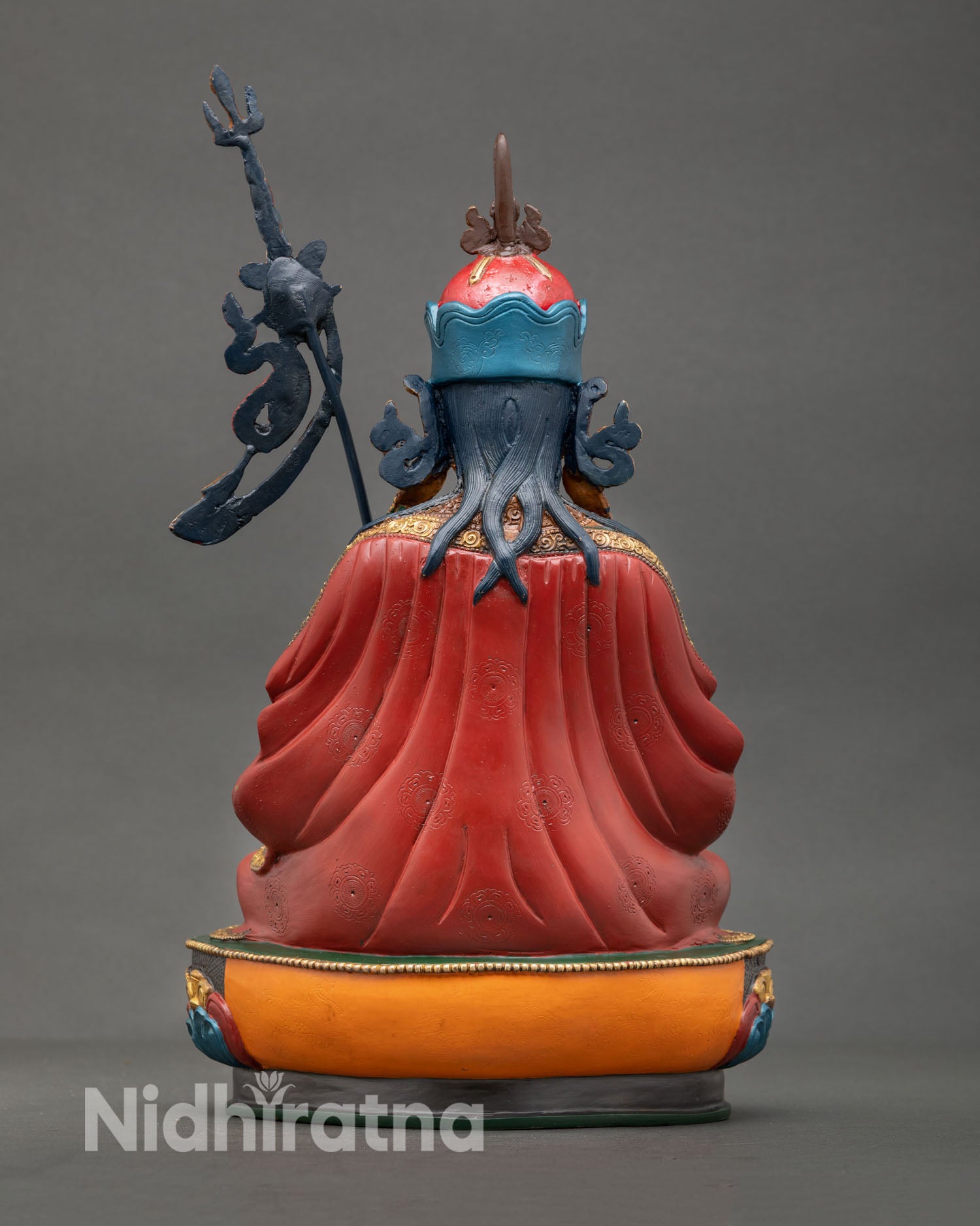 Back view of Guru Tsokye Dorje statue, copper metalwork, gold gilded finish, Nepal artisan