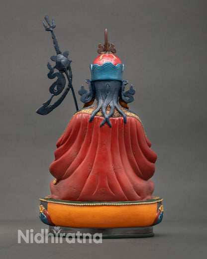 Back view of Guru Tsokye Dorje statue, copper metalwork, gold gilded finish, Nepal artisan