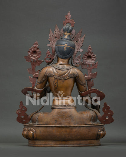 Back view of handcrafted 25-inch Green Tara oxidized copper statue