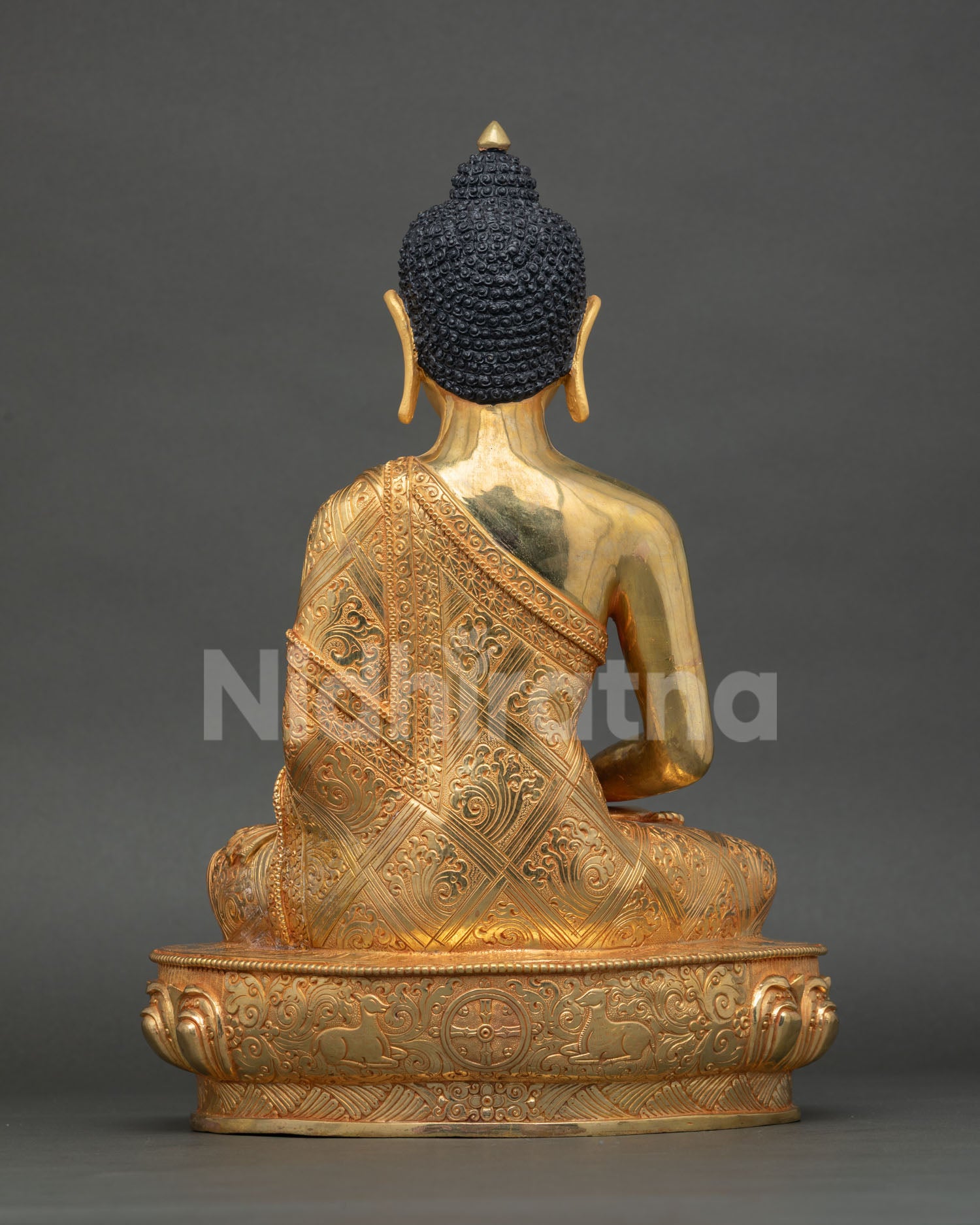 Back view of handcrafted Amitabha Buddha statue showing copper body and fine gold fire-gilded finish