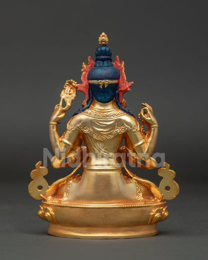 Back view of handcrafted Chenrezig Buddhist statue showing refined Newari craftsmanship and gold gilded details.