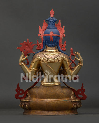Back View of Handcrafted Chenrezig Statue in Oxidized Copper from Nepal