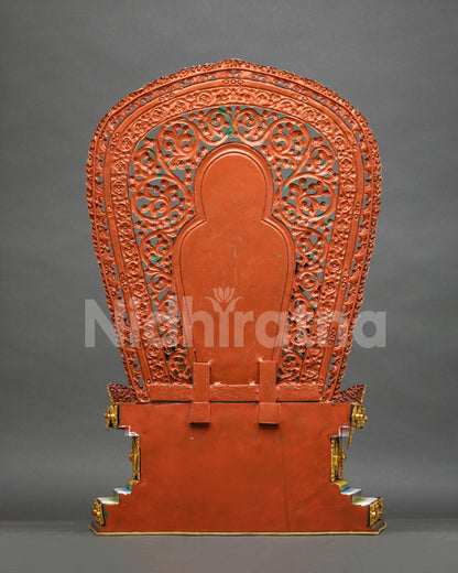Back view of handcrafted copper Ganesha statue and lion throne with detailed Newari metalwork